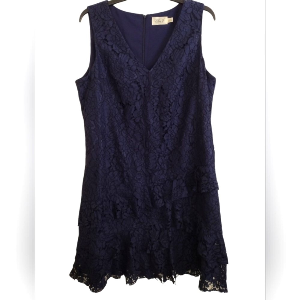 Eliza J Asymmetrical Ruffle Blue Lace Sleeveless Dress Size 16